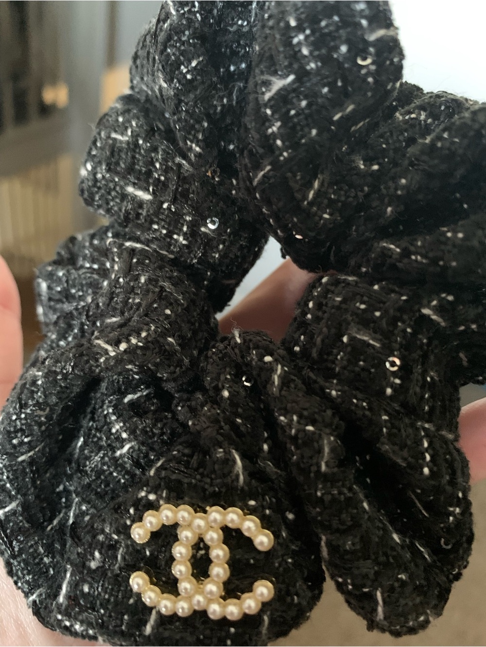 NEW! CC FASHION inspired Black Pearl and Sequin Embellished Tweed Hair Scrunchie